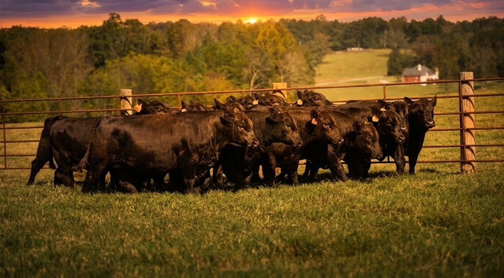 Black Angus herd at golden hour on Potts Bros Farm, Jefferson Georgia