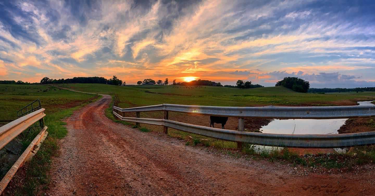 Red clay road winding through Potts Bros Farm at sunset