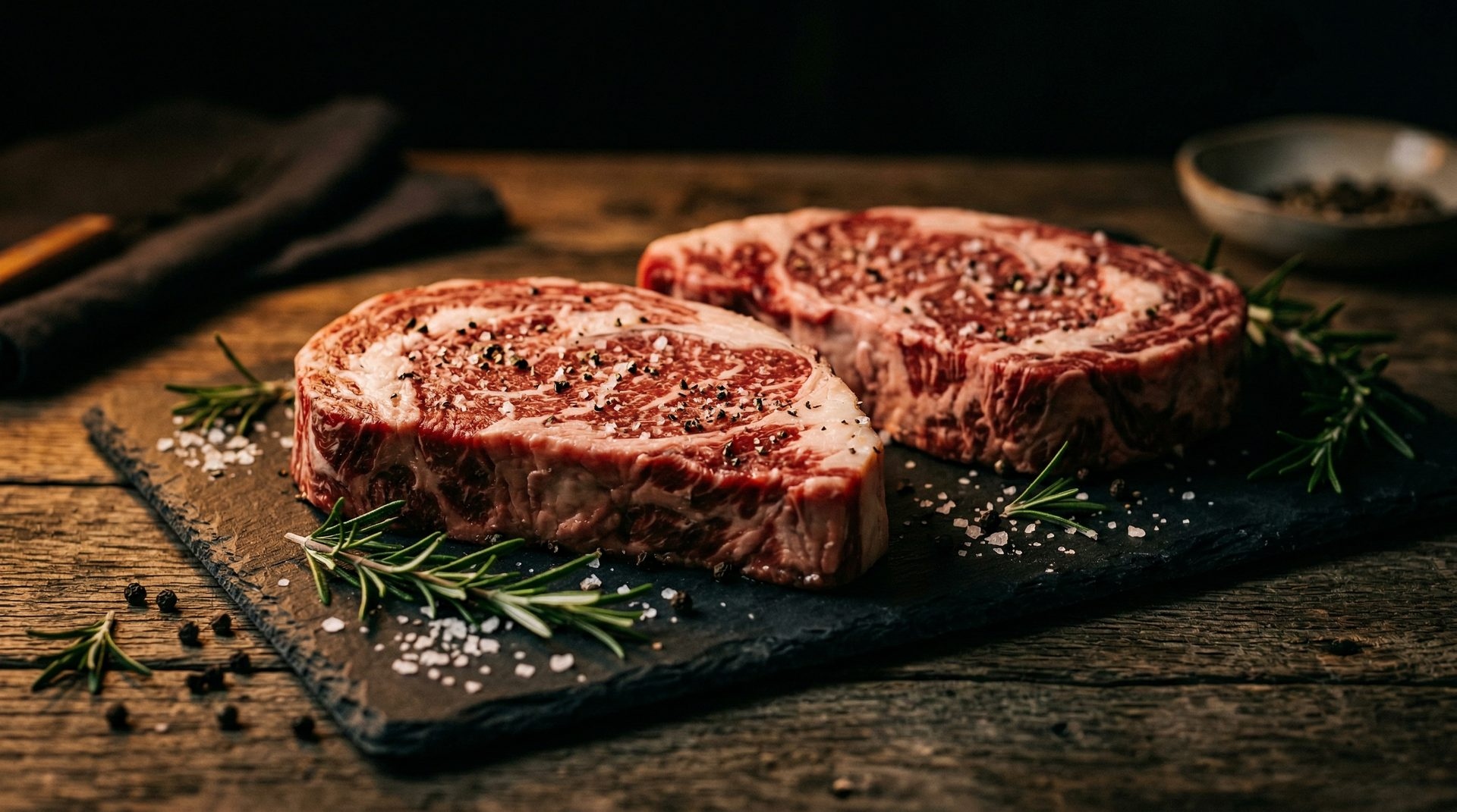 Premium Angus steaks on dark slate surface with rosemary and cracked pepper